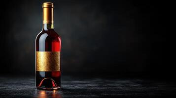 Elegant red wine bottle with a blank label showcased against a dark backdrop for a sophisticated setting photo