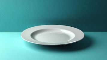 Simple design of a white plate set against a teal background showcasing minimalism in tableware photo