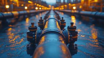 Industrial pipeline transporting liquid in a facility during twilight with warm lighting photo