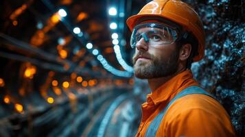Dedicated miner in orange uniform stands in dimly lit underground tunnel with safety gear on photo