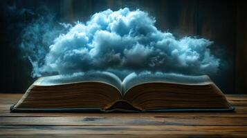 Open book with cloud hovering above, symbolizing imagination and creativity in literature photo