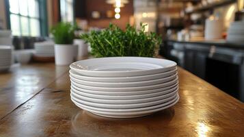 Stack of white plates on a wooden table in a restaurant with green herbs in the background during daytime photo
