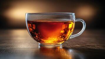 Warm glass cup filled with aromatic tea against a soft glowing background during a tranquil afternoon moment photo