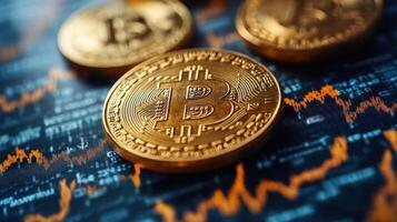 Bitcoin coins on a trading chart background, showcasing digital currency market trends and investment opportunities photo