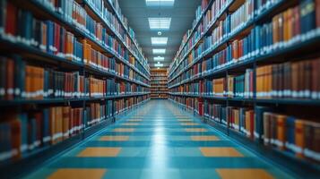 Bookshelves filled with colorful books in a spacious library with a quiet atmosphere photo