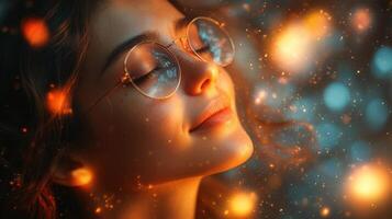 Portrait of a young woman enjoying a moment of peace with soft light and sparkles at twilight photo
