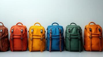 Colorful backpacks arranged neatly on a display against a plain background showcasing vibrant hues ideal for outdoor adventures photo