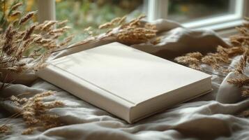 Blank book resting on soft fabric with dried plants by the window in cozy indoor setting photo