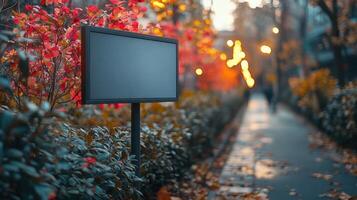 Colorful autumn leaves line a quiet city sidewalk with a blank sign amidst glowing streetlights during the evening hours photo