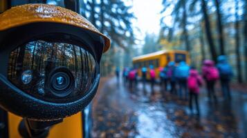 Students gather under rainy skies near a school bus at a forest field trip in autumn photo