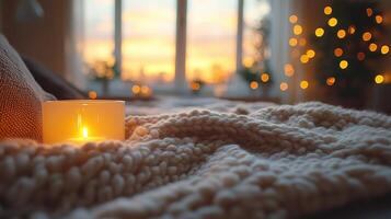 Cozy evening with a candle on a knitted blanket by the window during sunset photo