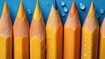 Colorful yellow pencils with water droplets arranged neatly on a blue background in a creative workspace photo