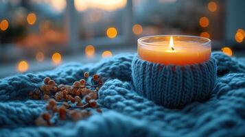 Cozy candle light illuminates a knitted blanket and dried berries during a serene evening indoors photo