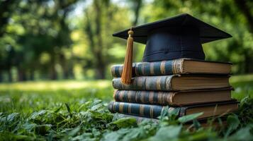 Graduation cap rests atop stacked books in a sunny park during a warm afternoon photo