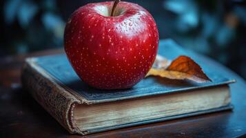 Red apple resting on an old book with a leaf, creating a cozy autumn atmosphere photo