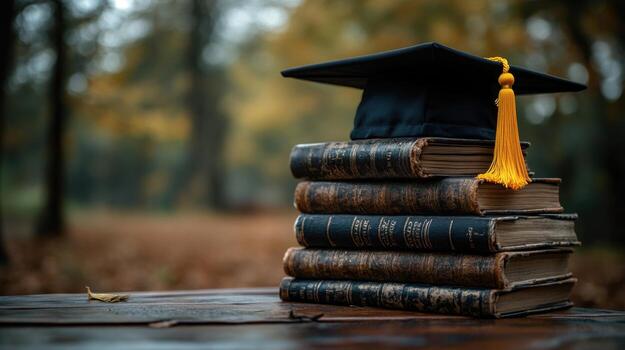 Graduation cap rests on stack of old books in a serene outdoor setting during autumn photo