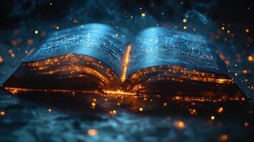 Open book emanating glowing light and particles in a mystical setting at dusk photo