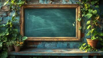 Rustic chalkboard framed by greenery in a quaint outdoor setting during daylight hours photo