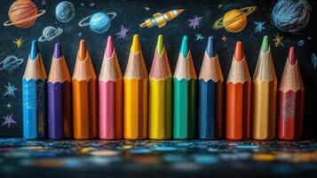 Colorful pencils arranged on a cosmic backdrop with planets and stars in a creative art setting photo