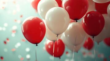 Colorful red and white balloons floating in a festive indoor atmosphere during a celebration event photo