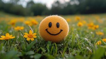 Yellow smiley face ball resting in a vibrant flower field during sunny afternoon photo