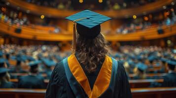 Graduation ceremony taking place in a grand auditorium with graduates celebrating their achievements photo