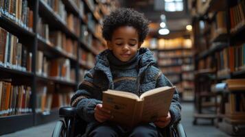 Young boy in wheelchair reading a book in a serene library filled with various bookshelves during daylight photo