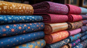 Colorful textiles displayed for sale in a vibrant market setting during daylight hours photo