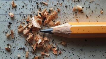 Yellow pencil with shavings on wooden surface, captured in a close-up view during a crafting session photo