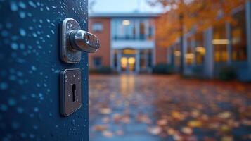 Raindrops on door lock near a building entrance surrounded by autumn foliage photo