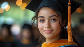 Young woman celebrates graduation with a cap and gown, showcasing pride and achievement in a joyful gathering photo