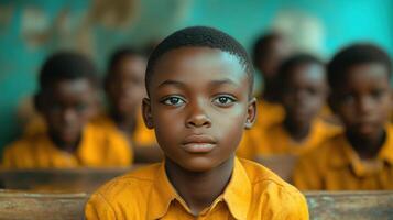 Young student listens attentively during classroom lesson in bright yellow uniform at school in the afternoon photo