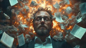 Man with glasses surrounded by flying papers and an explosion in an intense artistic composition photo