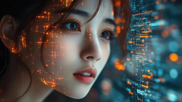 Young woman gazes thoughtfully at digital screens displaying bright lights and data at night in a futuristic setting photo