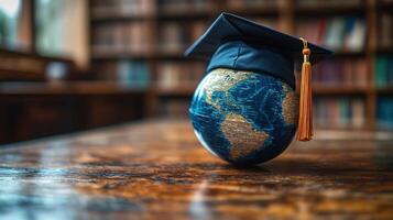 Graduation cap on globe symbolizes education and global knowledge in a library setting photo