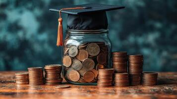 Coins in jars and stacks with a graduation cap symbolizing financial success and education goals for students photo