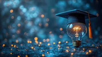Creative light bulb wearing a graduation cap with glowing strings illuminating a dark background at night photo