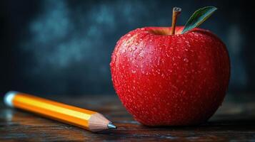 Bright red apple glistens with water droplets next to a yellow pencil on a wooden surface photo