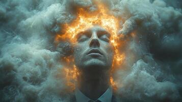 Mysterious figure with glowing fire and smoke effects emanating from head during a surreal and artistic expression photo
