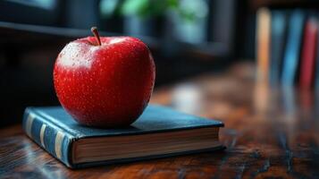 Bright red apple rests on a worn book in a cozy, sunlit corner of a library during the afternoon photo