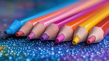 Vibrant colored pencils arranged in a row with a colorful background at a creative workspace photo