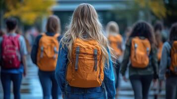 Students with backpacks walking on campus during autumn in the afternoon sunlight photo