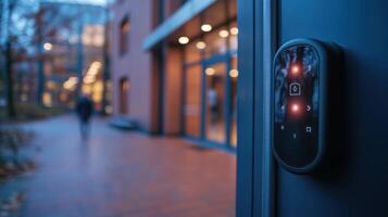 Modern smart lock on entrance door during twilight near a busy building with walking passerby in the background photo