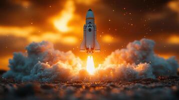 Rocket launches into a vibrant orange sky with billowing smoke at sunset over a distant landscape photo