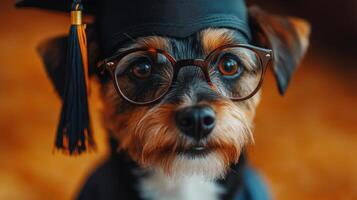 Cute dog celebrates graduation day wearing cap and glasses in a cozy indoor setting photo
