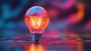 Brightly glowing light bulb illuminating surface with colorful reflections in a serene environment photo