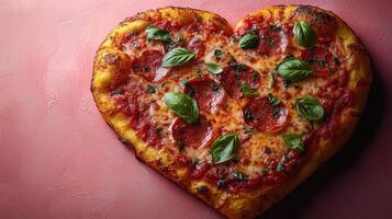 Heart-shaped pepperoni pizza topped with fresh basil on a pink background for celebration photo