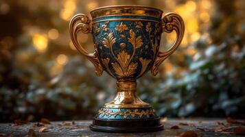 Ornate trophy with intricate design resting on a stone surface surrounded by greenery at sunset photo