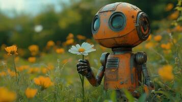 Robot holding a flower in a vibrant field during a sunny day in spring photo