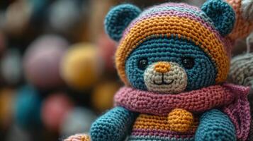 Colorful crochet bear sitting on a shelf surrounded by yarn in a cozy craft store photo